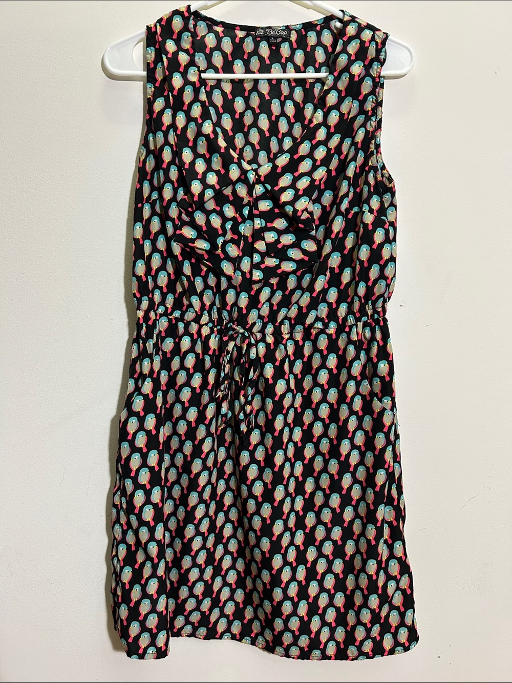 BeBop Black Sleeveless Mini Dress with Teal and Pink Parrot Print, Pockets